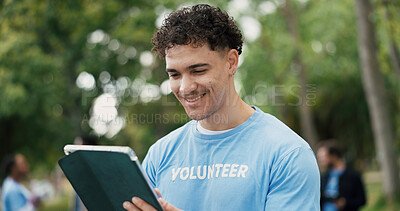 Buy stock photo Happy man, volunteer or park with tablet for online campaign, donation or outreach in nature. Male person, activist or NGO with smile or technology for community service app, charity or eco startup