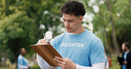 Man, volunteer or writing with clipboard for donation checklist, campaign or outreach in nature. Male person, activist or NGO society with list for community service, charity organization or change