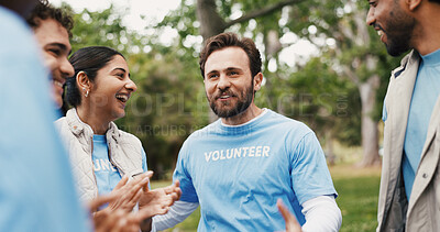 Buy stock photo Volunteer, clapping and celebration with team outdoor for goal or conservation success. Excited people, charity group or applause for community service achievement, sustainable NGO or positive impact