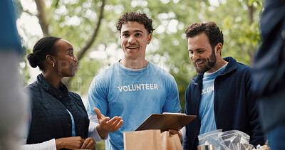 Buy stock photo Happy people, clipboard and volunteer with team for food donation, charity or community service. Group, NGO or society with smile for global outreach, poverty or economic stability in outdoor park