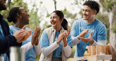 Buy stock photo Applause, food drive and volunteer people outdoor for celebration, donation success or motivation. Charity, milestone and support with excited friends clapping in park together for community outreach