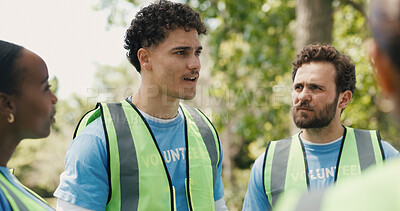 Buy stock photo Volunteer, team or people in park with discussion, talk or instruction in eco friendly campaign. Environment, coordination or NGO outdoor with motivation, guidance or clean up in earth day awareness.