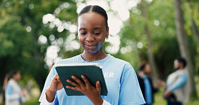 Buy stock photo Tablet, black woman and volunteer in nature for charity, ngo or community service event at park. Digital technology, checklist and African female non profit worker with planning outreach outdoor.