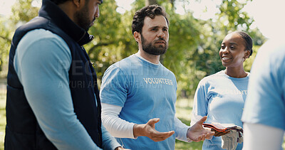Buy stock photo Volunteering, conversation and people in park, climate change and unity with solidarity. Outdoor, friends and group with discussion, feedback and eco friendly charity with cooperation and environment