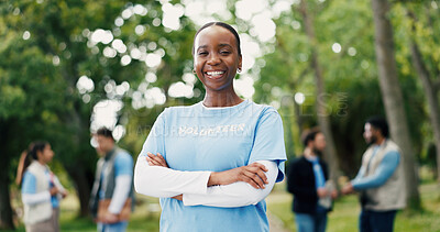 Buy stock photo Arms crossed, volunteer and portrait with woman in park for donation, community service and ngo project. Nonprofit pride, grocery distribution and food drive with person outdoor for outreach program