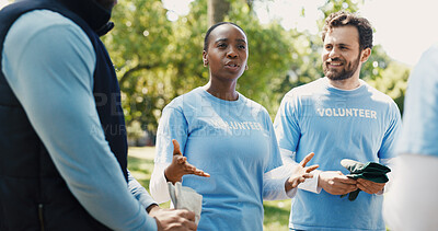Buy stock photo Volunteering, discussion and people in park, climate change and planning with solidarity. Outdoor, friends and group with cooperation, feedback and eco friendly charity with unity and environment
