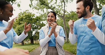 Buy stock photo Excited, volunteers and applause for success, charity and celebration for community service and NGO. Outdoor, happy and people with social responsibility, laugh and clapping for achievement in forest