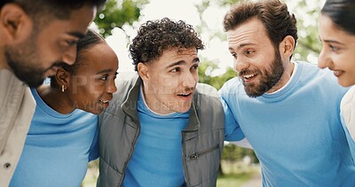 Buy stock photo Outdoor, volunteers and huddle for discussion, happy and planning for community service and talking. Humanitarian, people and solidarity for NGO, collaboration and social responsibility in woods