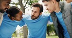 Outdoor, volunteers and huddle for discussion, charity or planning for community service and talking. Humanitarian, people and solidarity for NGO, collaboration and social responsibility in woods