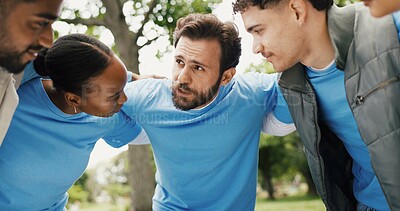 Buy stock photo Outdoor, volunteers and huddle for discussion, charity or planning for community service and talking. Humanitarian, people and solidarity for NGO, collaboration and social responsibility in woods