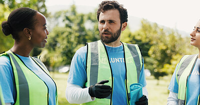 Buy stock photo Volunteers, recycling and discussion for project, outdoor and team with trash bag or waste disposal. Forest, clean up and people with social responsibility, talking and community service in woods