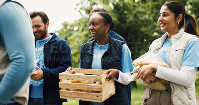 Buy stock photo Food, donation and team of people in park for volunteer, community service or ngo project. Nonprofit support, grocery distribution and charity drive with men and women outdoor for outreach program
