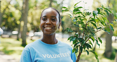 Buy stock photo Volunteer, plant and smile with black woman in park for earth day, environment and conservation project. Eco friendly ngo,  sustainability and non profit mission with person outdoor for growth