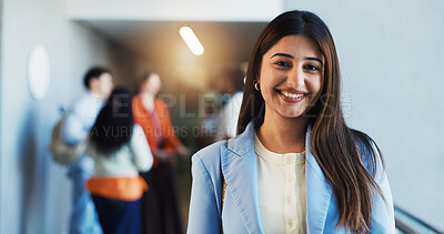 Buy stock photo Happy woman, portrait or coordinator with team for business upskill or internship program in office. Female person, employee or project manager with smile for career development or company growth