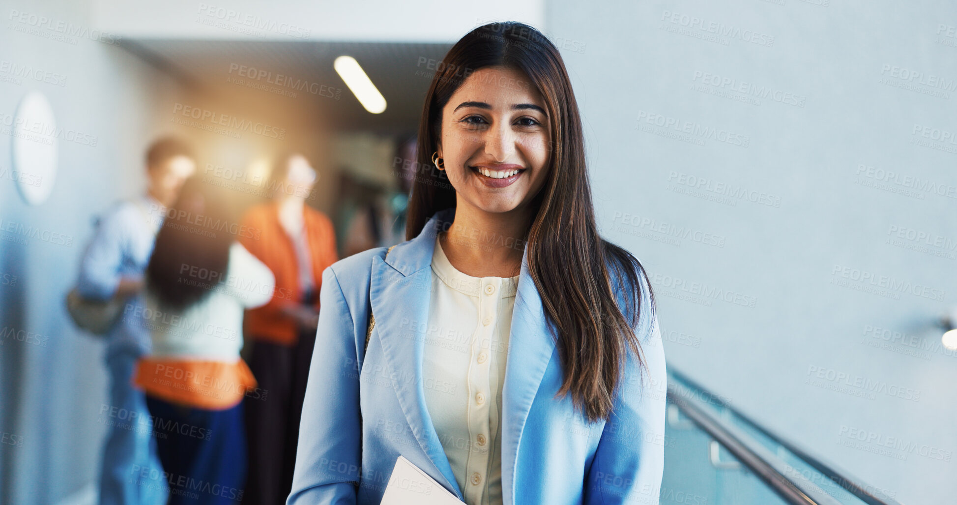 Buy stock photo Portrait, lecturer or woman in university with smile for academic advice, course or faculty knowledge. Happy, person and teacher in college with pride for curriculum, lesson plan or higher education.