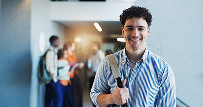 Buy stock photo Smile, portrait or man in college with bag, knowledge and scholarship in study opportunity. Happy, flare and student in university with backpack, education and confidence in academic funding.