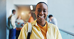 College, portrait or woman in hallway with smile, knowledge or scholarship in study opportunity. Happy, bag and student in university with confidence, education and pride in academic funding.