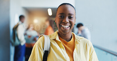 Buy stock photo College, portrait or woman in hallway with smile, knowledge or scholarship in study opportunity. Happy, bag and student in university with confidence, education and pride in academic funding.