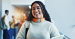 Woman, college student and tablet in portrait with smile, confident and pride for scholarship at campus. Girl, happy and tech with bag, application or education for learning development at university