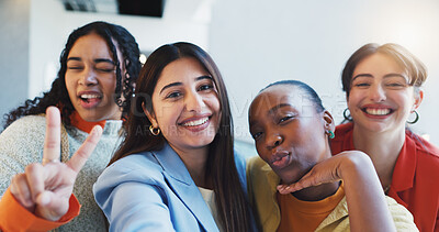 Buy stock photo Happy women, portrait and colleagues with selfie, peace sign or picture for social media in office. Female people, employees or group with smile for capture moment, photography or memory in workplace
