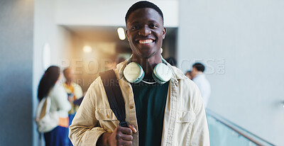 Buy stock photo College, portrait or happy man with opportunity for scholarship, knowledge or academic growth in Africa. Smile, backpack and confident student education, development and university funding. 