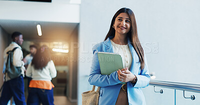 Buy stock photo Thinking, lecturer or woman in university with tablet for academic advice, course or faculty knowledge. Happy, person or teacher in college with reflection for curriculum, lesson or higher education.