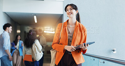 Buy stock photo Thinking, student or woman in college with notebook for fashion degree, academic growth or creativity. Person, reflection and portfolio in university for design course, knowledge or higher education.