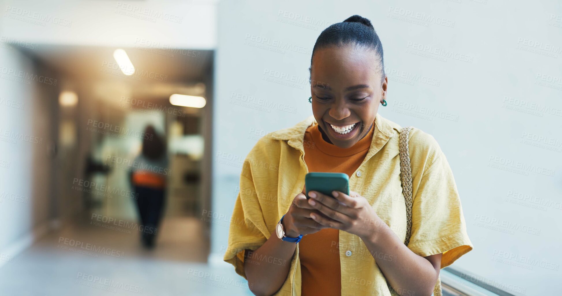 Buy stock photo University, student and woman with smartphone, excited and email for test results. Funny, college and happy person with cellphone, knowledge and app for scholarship, social media or higher education