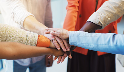 Buy stock photo People, diversity or meeting with hands together for unity, trust or mission in office. Group, employees or multiracial team with pile, stack or huddle for community inclusion, solidarity or cohesion