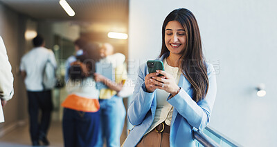 Buy stock photo University, student and woman with cellphone, smile and email for test results, internet and typing. Funny, college and person with smartphone, higher education or app for scholarship or social media