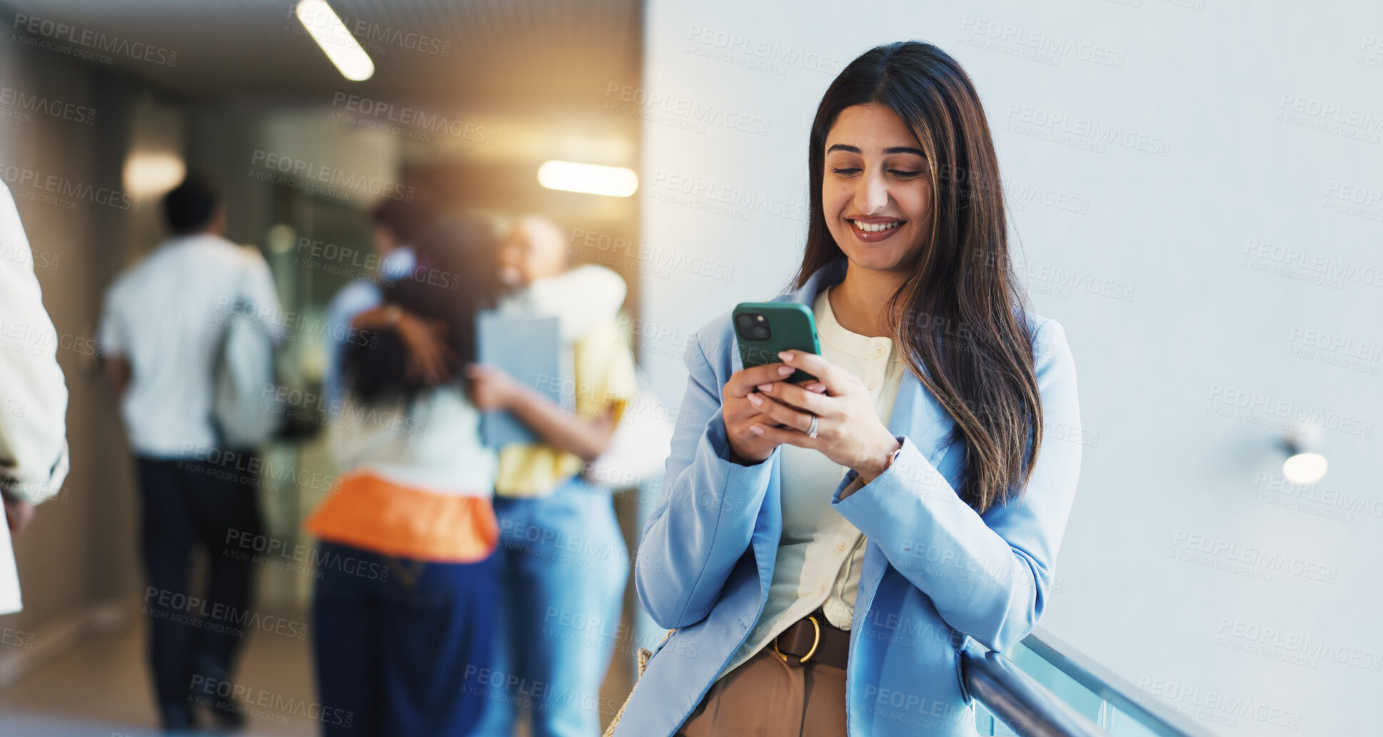 Buy stock photo University, student and woman with cellphone, smile and email for test results, internet and typing. Funny, college and person with smartphone, higher education or app for scholarship or social media