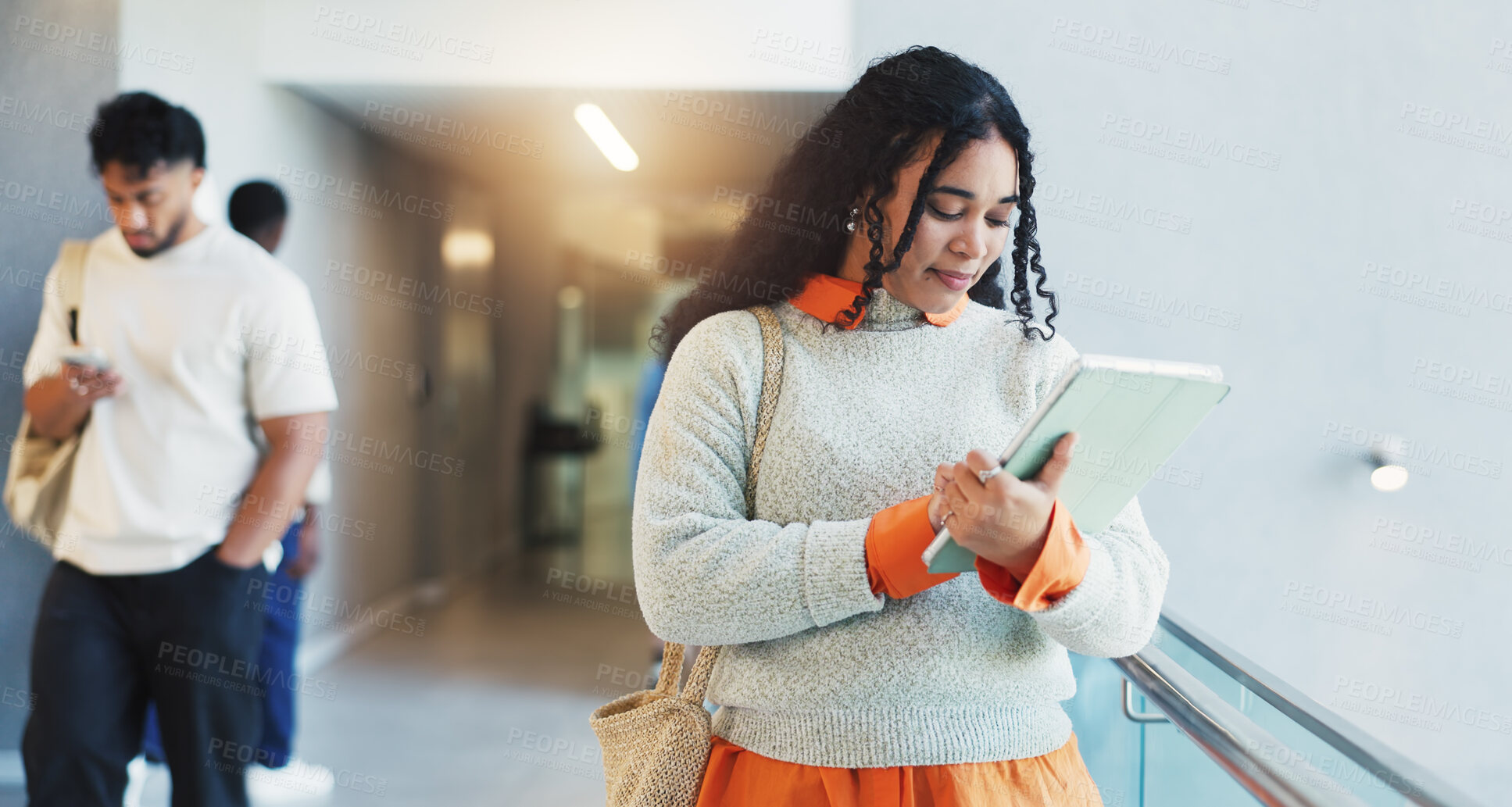 Buy stock photo University student, campus and woman with tablet, connection and email for test results. Learning, college and person with technology, typing and app for scholarship, social media or higher education