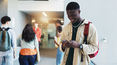 Buy stock photo College, smile and man with phone for online notification, learning app or check class schedule. Mobile, student and person in campus for typing text, education or chat with contact in university