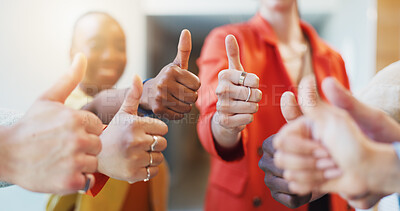 Buy stock photo Business people, team and hands with thumbs up for company success or agreement in office. Group, employees or colleagues with like emoji, yes sign or OK for feedback, achievement or solidarity