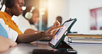 Tablet, hands and student in college for learning, course research or scroll for knowledge. Tech, university and woman in classroom for studying, assignment info or test preparation for education