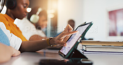 Buy stock photo Tablet, hands and student in college for learning, course research or scroll for knowledge. Tech, university and woman in classroom for studying, assignment info or test preparation for education