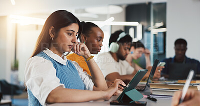 Buy stock photo Startup, coworking and people on tech for project, research and seo report for website traffic. Creative agency, team and workers on tablet in office for digital marketing, online review and planning