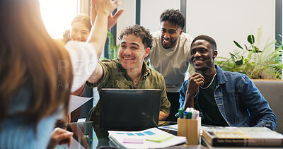 Buy stock photo Business, team and laptop with high five in meeting for campaign success, ad performance or goals. Graphs, marketing manager and excited people with celebration at agency for KPI stats and good news