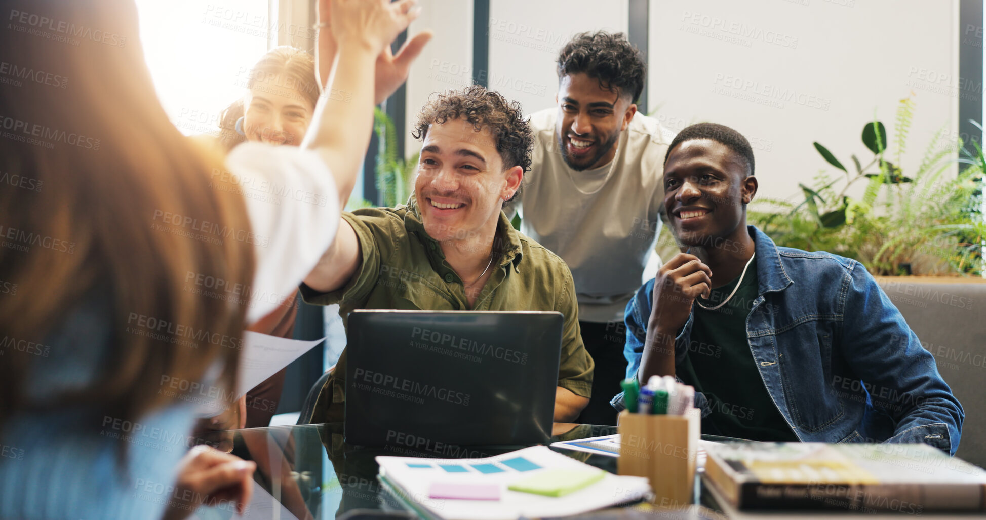 Buy stock photo Business, team and laptop with high five in meeting for campaign success, ad performance or goals. Graphs, marketing manager and excited people with celebration at agency for KPI stats and good news