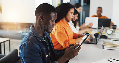 Buy stock photo Class, university and students on tech for learning, studying and education at college. School, academy and people on tablet for research, website and internet for project, lesson and assignment
