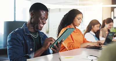 Buy stock photo Classroom, college and people on tech for learning, studying and education at university. School, academy and students on tablet for research, website and internet for project, lesson and assignment