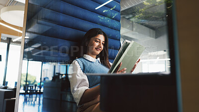 Buy stock photo Pod, reading and tablet with designer woman in office for project feedback, post or update. App, creative and information with happy employee in cubicle of design workplace for planning or research