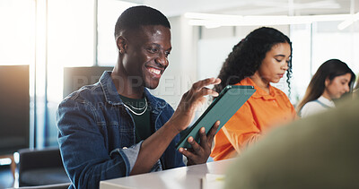 Buy stock photo Classroom, university and happy student on tablet for learning, studying or education at college. School, academy and people on tech for research, website and internet for test, lesson or assignment