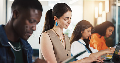 Buy stock photo Startup, coworking office and people on tech for project, research and seo report for website traffic. Creative agency, team and workers on tablet for digital marketing, online review and planning