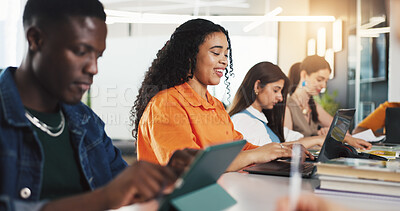 Buy stock photo Class, college and students on tech for learning, studying and education at university. School, academy and people on tablet for research, website and online for lecture, lesson and assignment