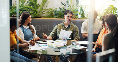 Buy stock photo Team, meeting and people with paperwork, creative brainstorming and marketing development graphs. Strategy, talk and group in office with campaign stats, collaboration or planning for business growth