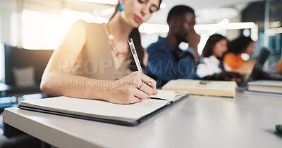 Buy stock photo College student, hands or writing in notebook for lecture, academic productivity or knowledge for learning. University class, module summary or people with course education, study notes or assessment