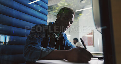 Buy stock photo Creative, employee and man with writing in booth with notes, brand manager and privacy for feedback. Soundproof, pod and person with proposal for ad campaign, marketing or research for checklist