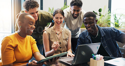 Buy stock photo Tech, marketing team or meeting in creative agency to review proposal, plan project or brainstorming. Collaboration, brand awareness or happy people with campaign ideas, laptop or tablet for strategy