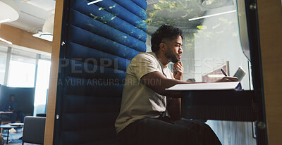 Buy stock photo Creative, man and laptop with writing in booth with notes, brand manager and privacy for feedback. Soundproof, cubicle and person with proposal for ad campaign, digital marketing or research in pod